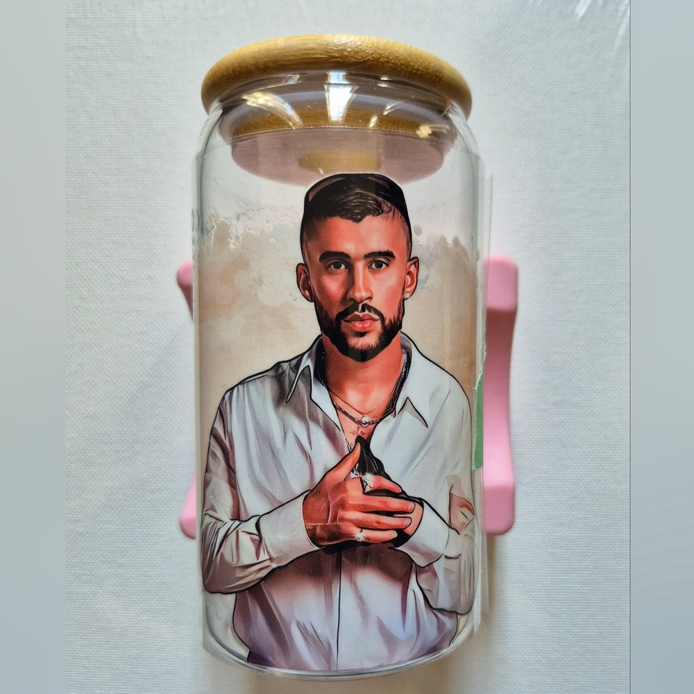 🪻3/$25 Bad Bunny 16oz Glass Tumbler - Custom Made To Order ➕️ Lid & Straw NEW